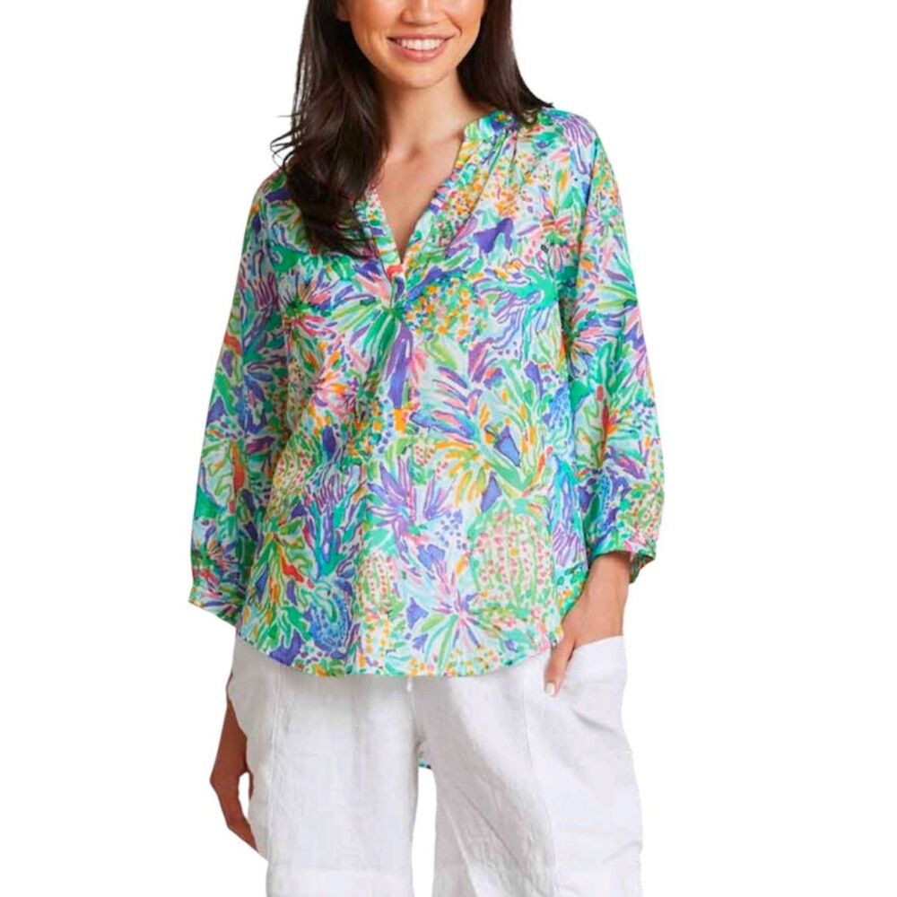 Carre Noir Women's NOWT Multicolor Abstract Floral V-Neck 3/4 Sleeve Top Size XL